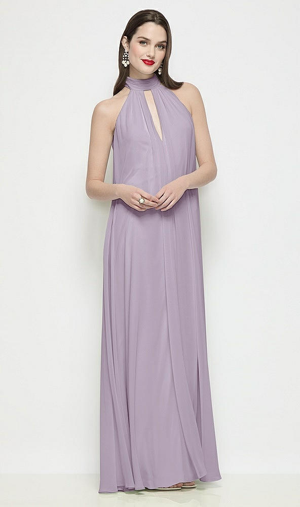 Front View - Lilac Haze Slip-On Shirred Chiffon Trapeze Halter Dress
