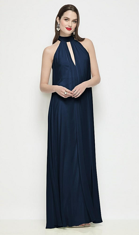 Front View - Midnight Navy Slip-On Shirred Chiffon Trapeze Halter Dress