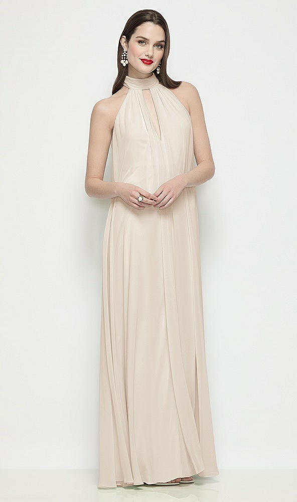 Front View - Oat Slip-On Shirred Chiffon Trapeze Halter Dress