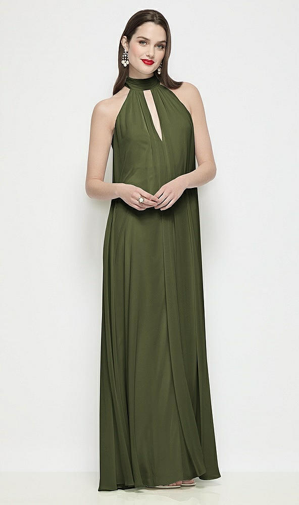 Front View - Olive Green Slip-On Shirred Chiffon Trapeze Halter Dress