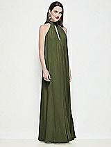 Side View Thumbnail - Olive Green Slip-On Shirred Chiffon Trapeze Halter Dress