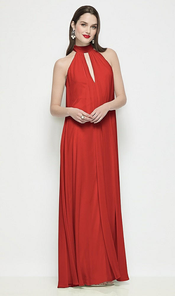 Front View - Poppy Red Slip-On Shirred Chiffon Trapeze Halter Dress