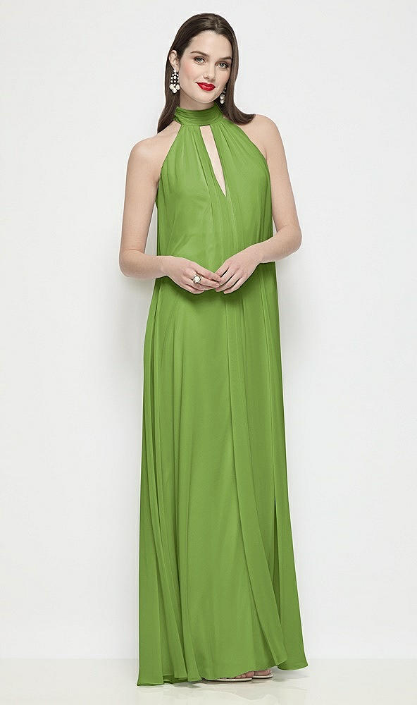 Front View - Peridot Green Slip-On Shirred Chiffon Trapeze Halter Dress