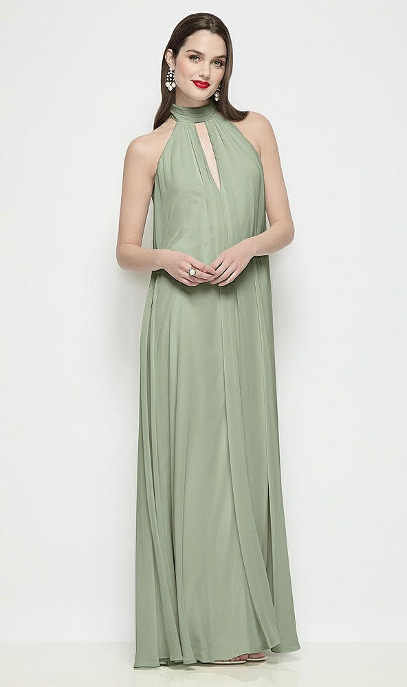 Front View - Sage Slip-On Shirred Chiffon Trapeze Halter Dress
