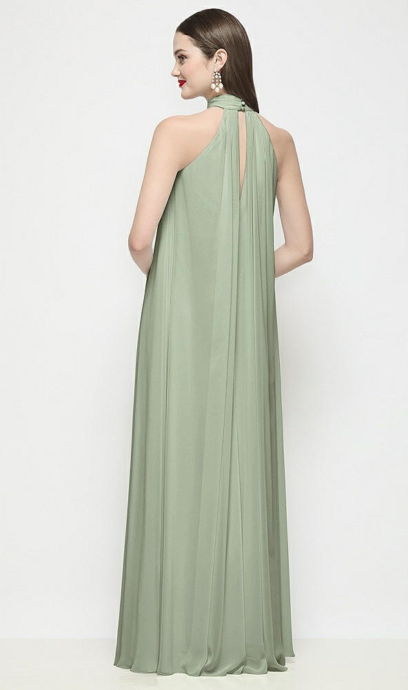 Back View - Sage Slip-On Shirred Chiffon Trapeze Halter Dress