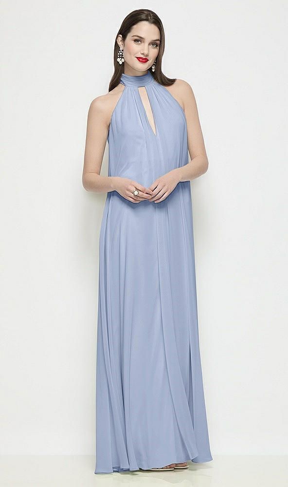 Front View - Sky Blue Slip-On Shirred Chiffon Trapeze Halter Dress