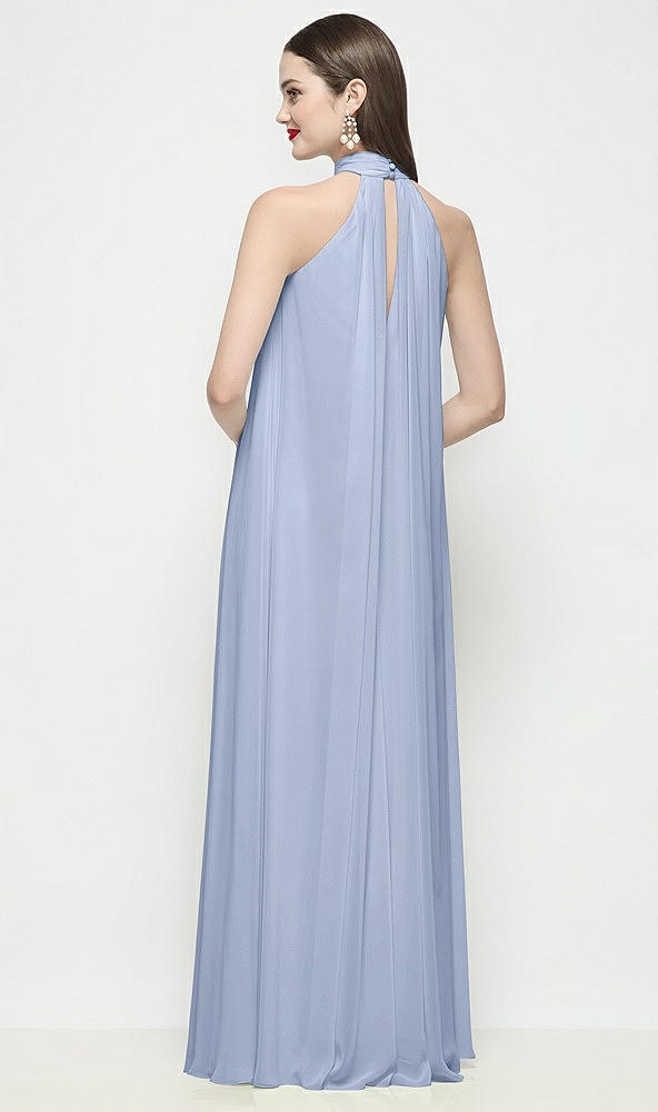 Back View - Sky Blue Slip-On Shirred Chiffon Trapeze Halter Dress