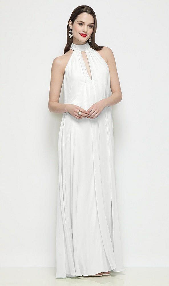 Front View - White Slip-On Shirred Chiffon Trapeze Halter Dress