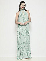 Front View Thumbnail - Mint Green Floral Slip-On Shirred Floral Chiffon Trapeze Halter Dress