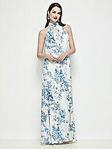 Front View Thumbnail - Cottage Rose Dusk Blue Slip-On Shirred Floral Chiffon Trapeze Halter Dress