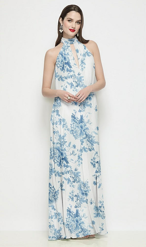 Front View - Cottage Rose Dusk Blue Slip-On Shirred Floral Chiffon Trapeze Halter Dress
