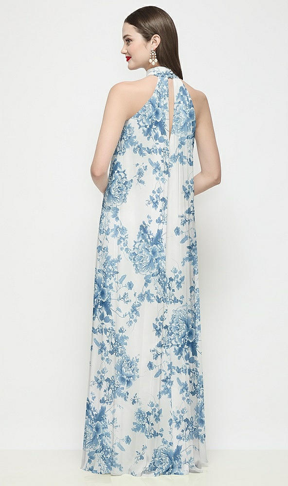 Back View - Cottage Rose Dusk Blue Slip-On Shirred Floral Chiffon Trapeze Halter Dress