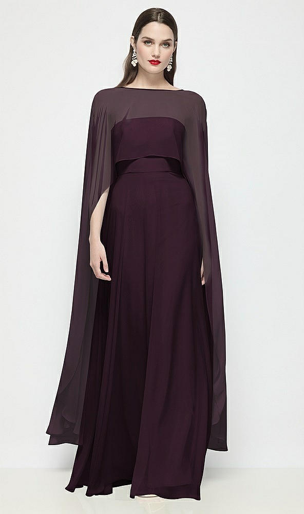 Front View - Deep Plum High-Low Sheer Chiffon Cape