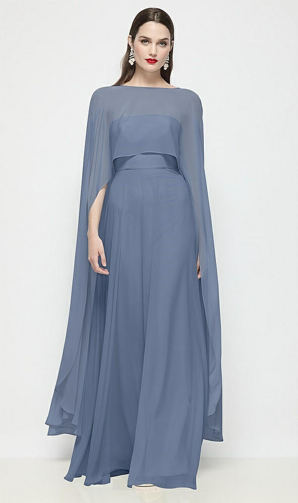 Front View - Larkspur Blue High-Low Sheer Chiffon Cape