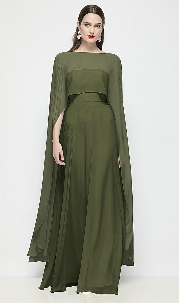 Front View - Olive Green High-Low Sheer Chiffon Cape
