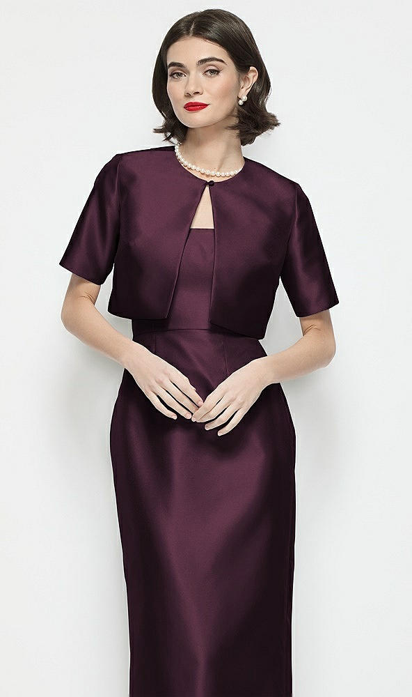 Front View - Deep Plum Jewel Neck Cropped Satin Jacket