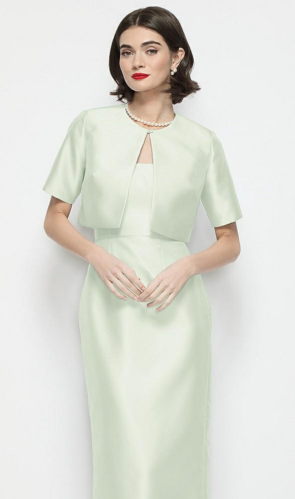 Front View - Mint Green Jewel Neck Cropped Satin Jacket