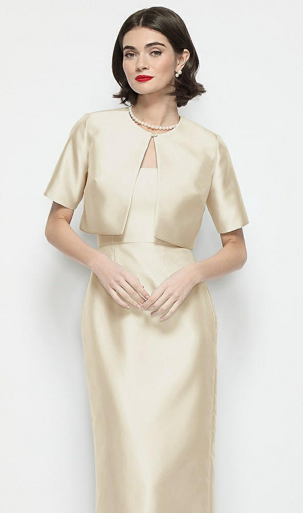 Front View - Champagne Jewel Neck Cropped Satin Jacket