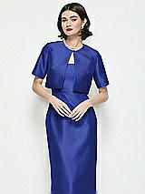 Front View Thumbnail - Cobalt Blue Jewel Neck Cropped Satin Jacket