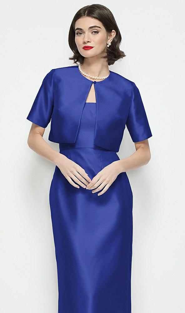 Front View - Cobalt Blue Jewel Neck Cropped Satin Jacket