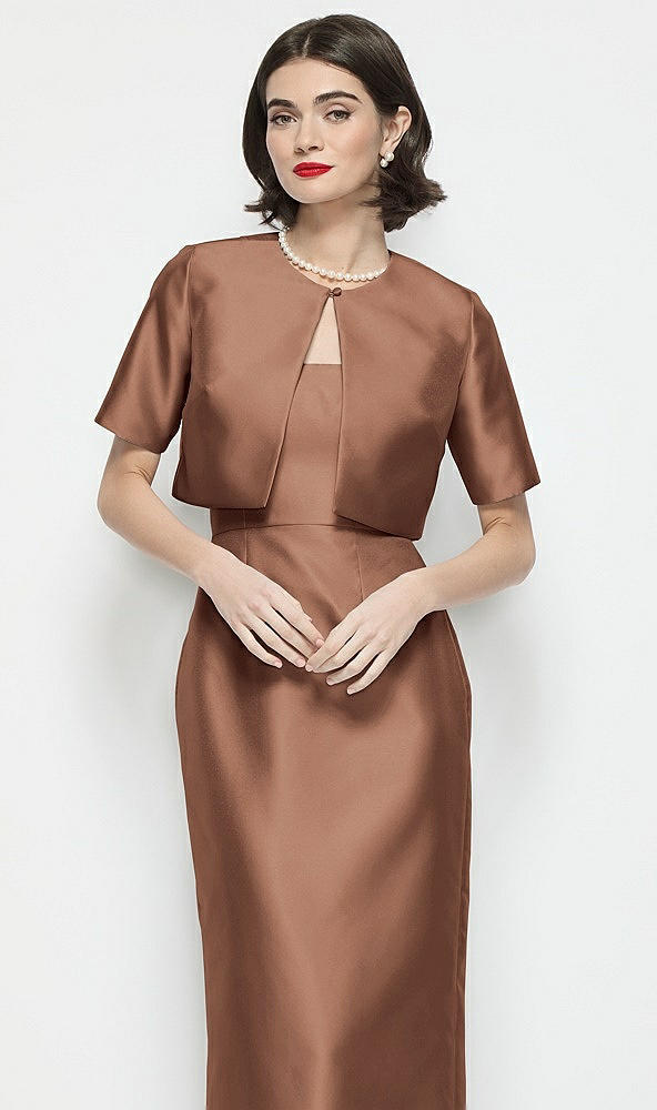 Front View - Cognac Jewel Neck Cropped Satin Jacket