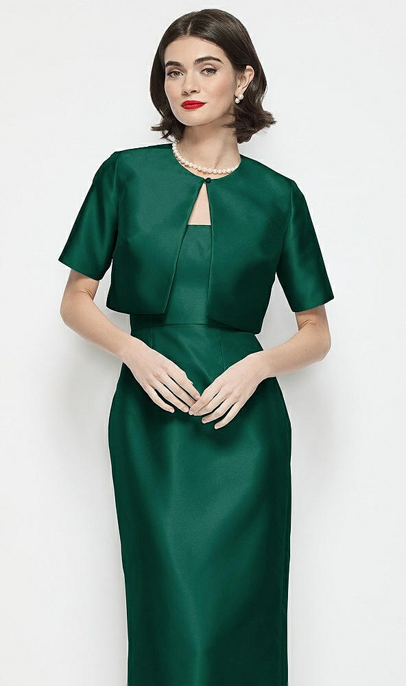Front View - Hunter Green Jewel Neck Cropped Satin Jacket