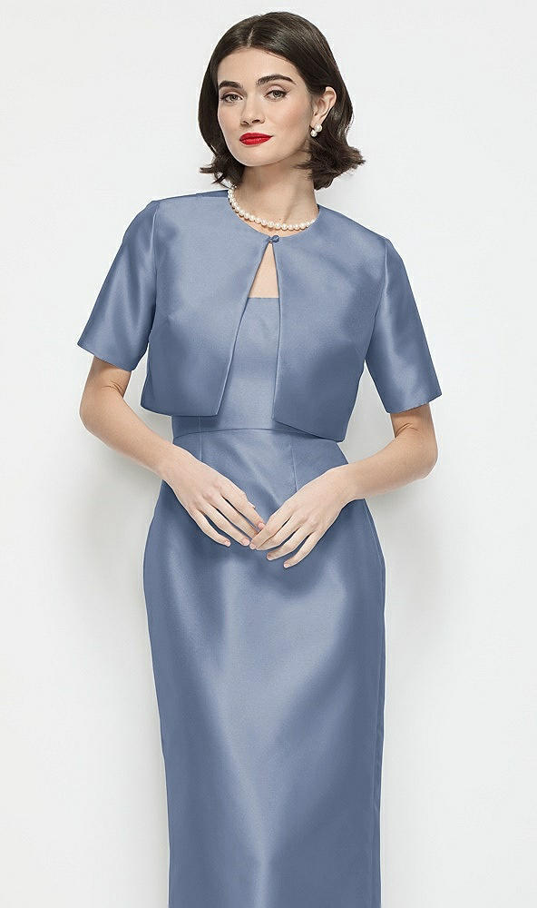 Front View - Larkspur Blue Jewel Neck Cropped Satin Jacket