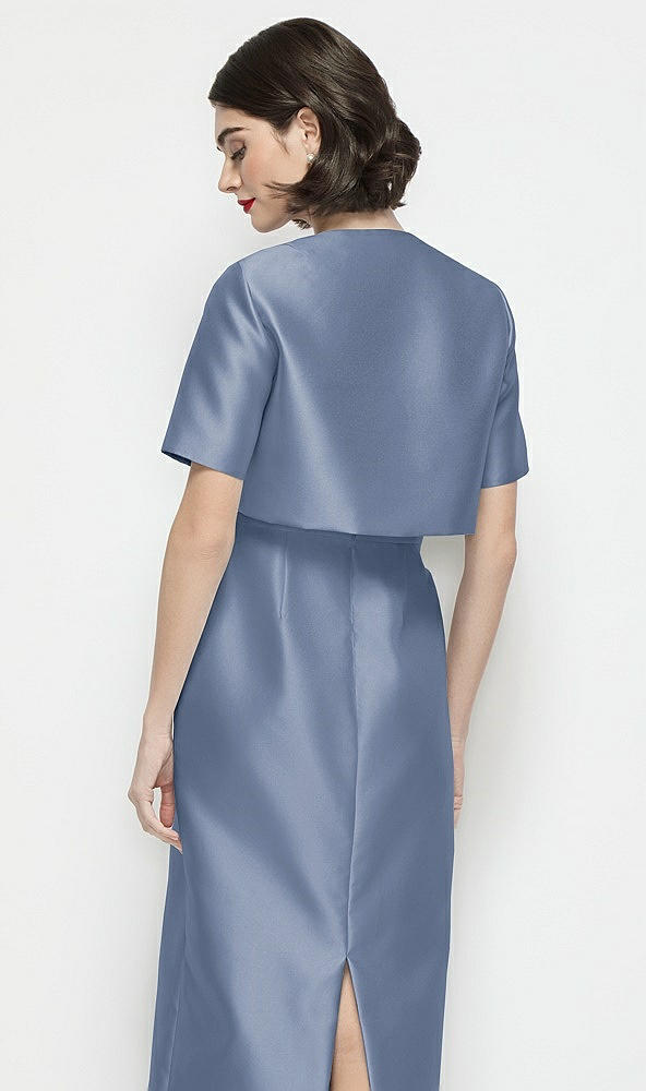 Back View - Larkspur Blue Jewel Neck Cropped Satin Jacket