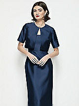 Front View Thumbnail - Midnight Navy Jewel Neck Cropped Satin Jacket