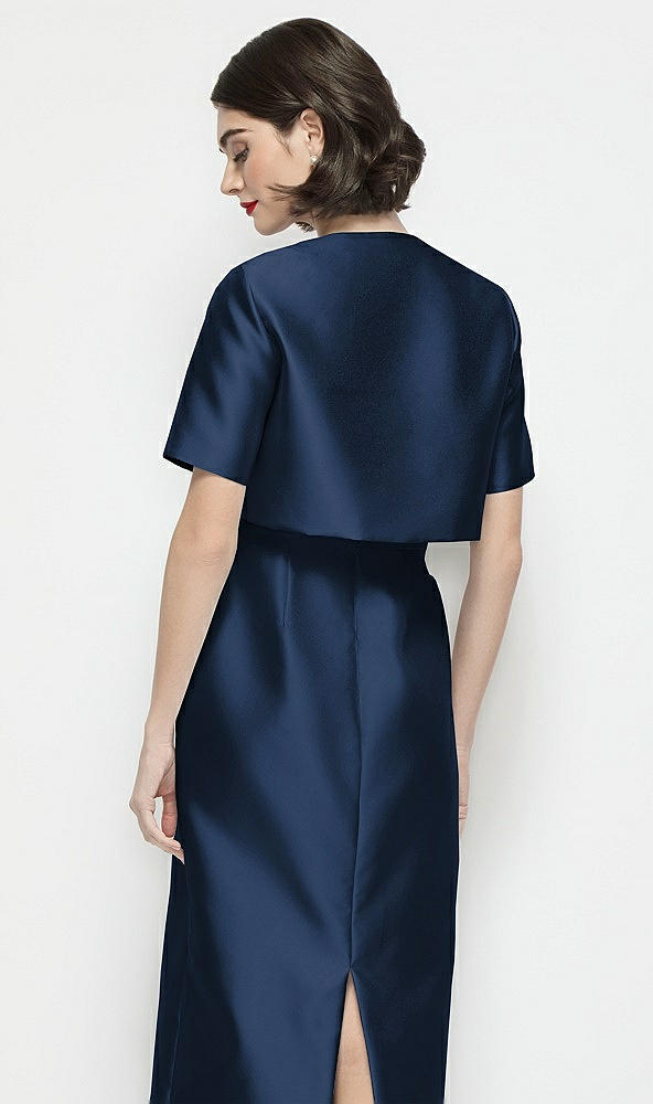 Back View - Midnight Navy Jewel Neck Cropped Satin Jacket