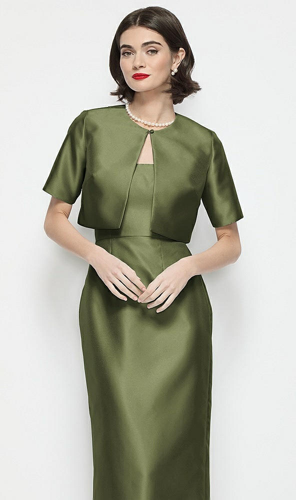 Front View - Olive Green Jewel Neck Cropped Satin Jacket