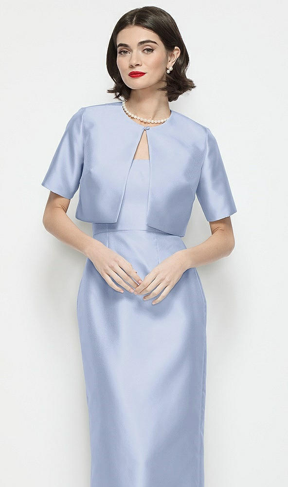 Front View - Sky Blue Jewel Neck Cropped Satin Jacket