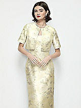 Front View Thumbnail - Butter Yellow Floral Jewel Neck Cropped Floral Satin Jacket