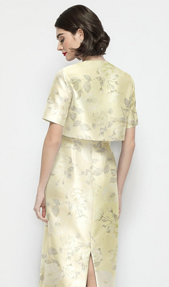 Back View - Butter Yellow Floral Jewel Neck Cropped Floral Satin Jacket