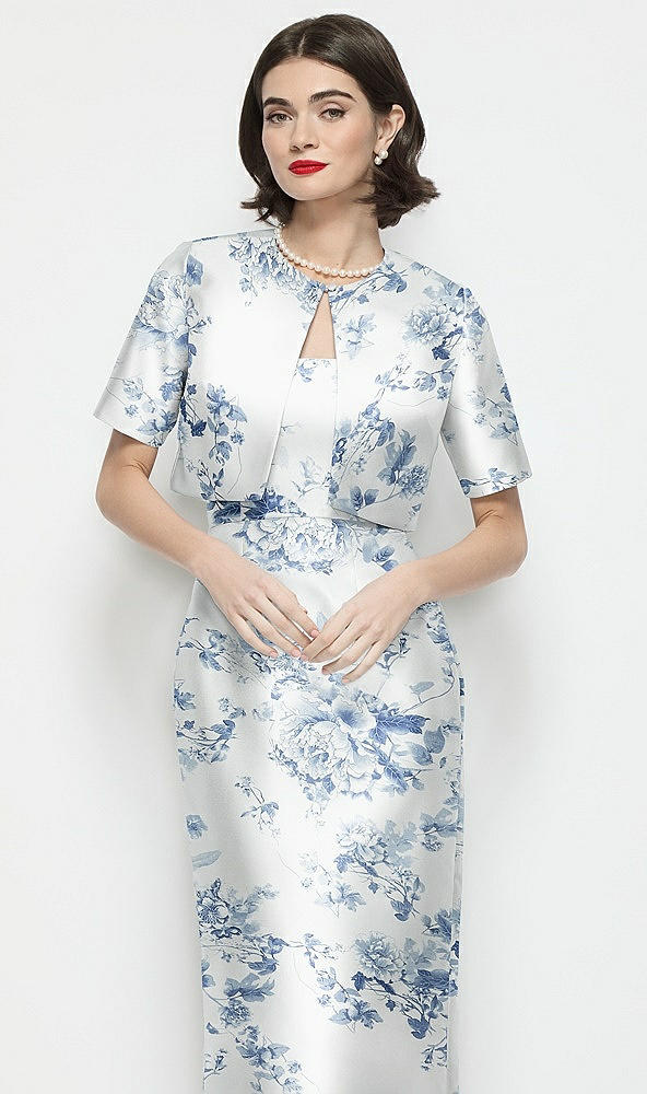 Front View - Cottage Rose Larkspur Jewel Neck Cropped Floral Satin Jacket