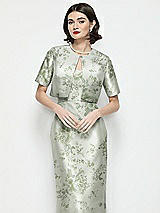 Front View Thumbnail - Sage Cottage Rose Jewel Neck Cropped Floral Satin Jacket