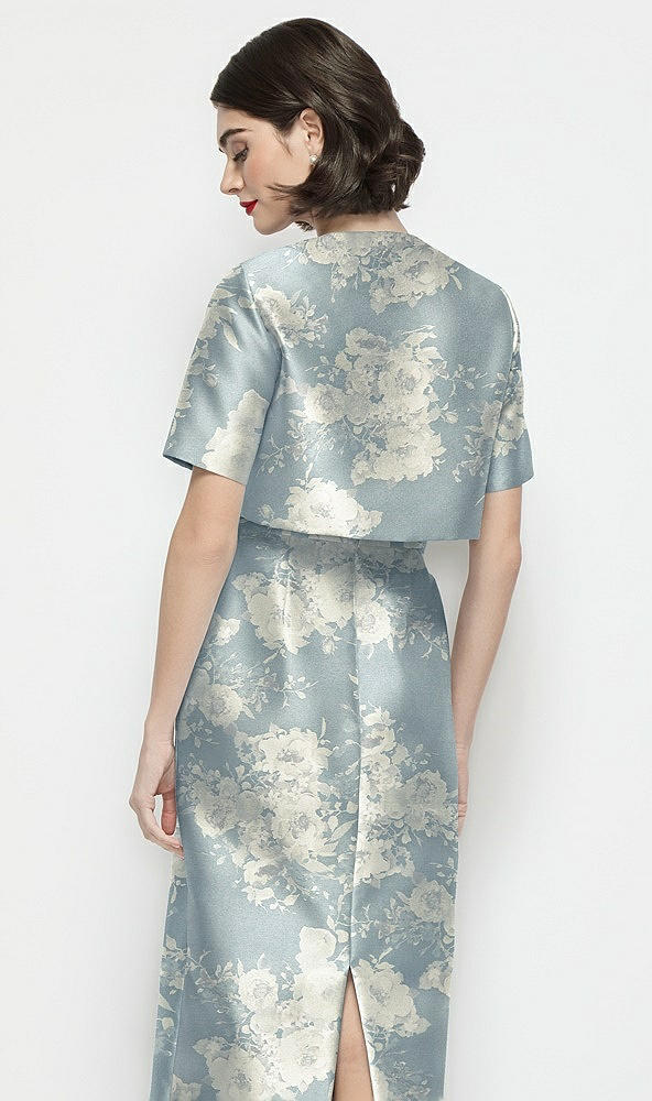 Back View - Porcelain Blue Seraphina Floral Jewel Neck Cropped Floral Satin Jacket