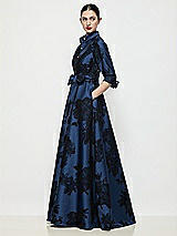 Front View Thumbnail - Soft Navy / Black 3/4 Sleeve Flocked Floral Satin Shirt Dress Gown with Sash