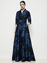 Side View Thumbnail - Soft Navy / Black 3/4 Sleeve Flocked Floral Satin Shirt Dress Gown with Sash