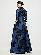 Rear View Thumbnail - Soft Navy / Black 3/4 Sleeve Flocked Floral Satin Shirt Dress Gown with Sash