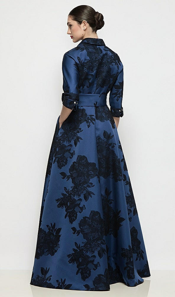 Back View - Soft Navy / Black 3/4 Sleeve Flocked Floral Satin Shirt Dress Gown with Sash