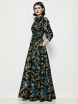 Front View Thumbnail - Peacock Blue Multi Luna Organza Jacquard Floral Shirt Dress with Full Maxi Skirt & Sash