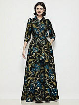 Side View Thumbnail - Peacock Blue Multi Luna Organza Jacquard Floral Shirt Dress with Full Maxi Skirt & Sash
