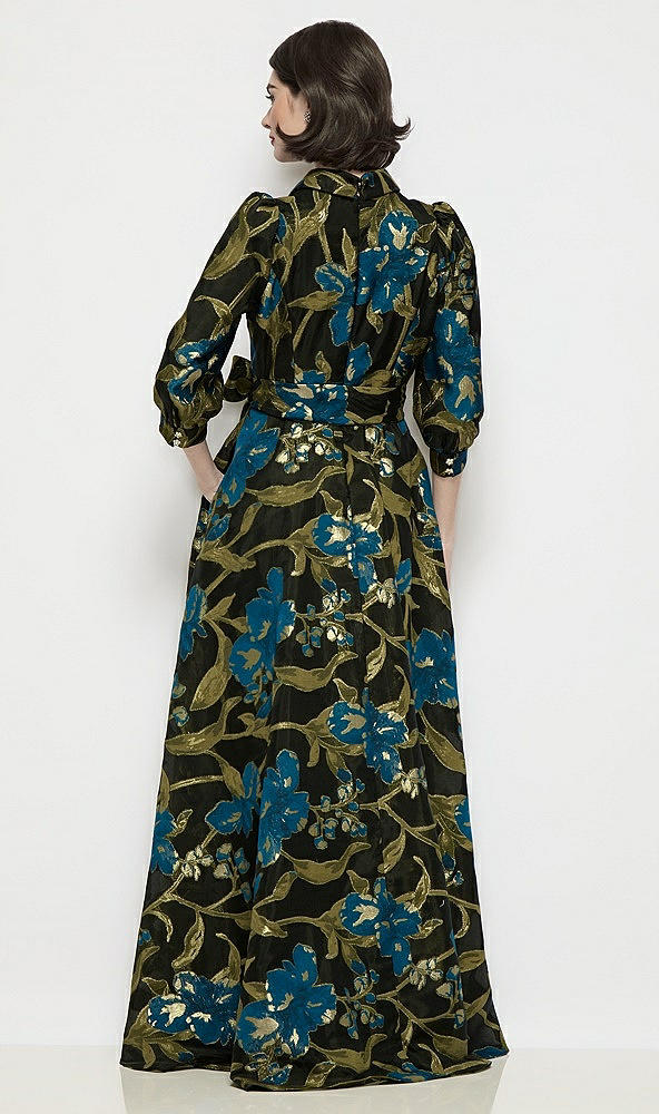 Back View - Peacock Blue Multi Luna Organza Jacquard Floral Shirt Dress with Full Maxi Skirt & Sash