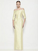 Front View Thumbnail - Butter Yellow Off-the-Shoulder 3/4 Sleeve Column Satin Maxi Dress