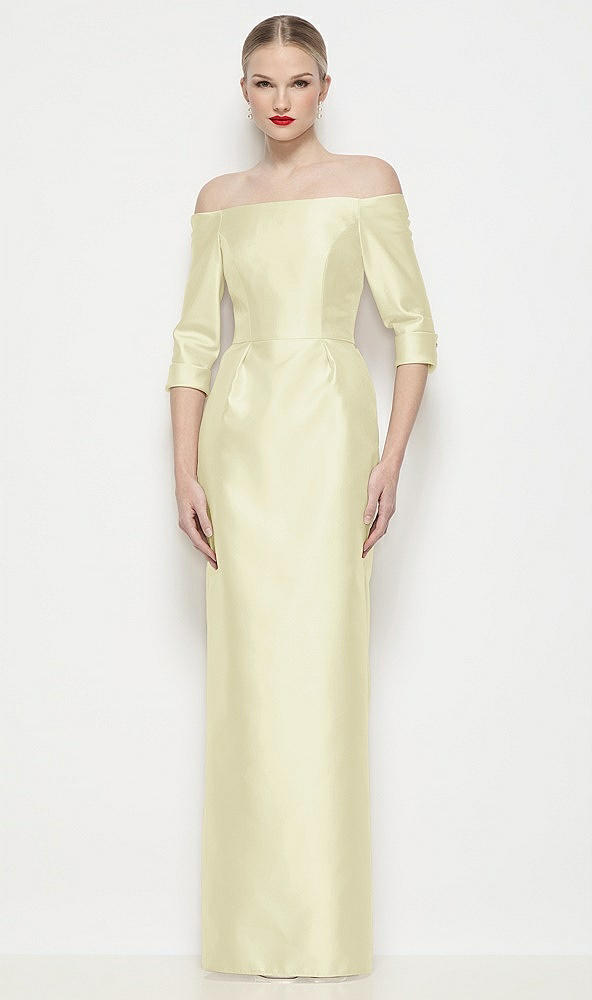 Front View - Butter Yellow Off-the-Shoulder 3/4 Sleeve Column Satin Maxi Dress