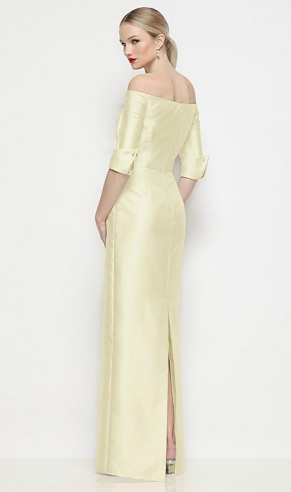 Back View - Butter Yellow Off-the-Shoulder 3/4 Sleeve Column Satin Maxi Dress