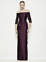 Front View Thumbnail - Deep Plum Off-the-Shoulder 3/4 Sleeve Column Satin Maxi Dress