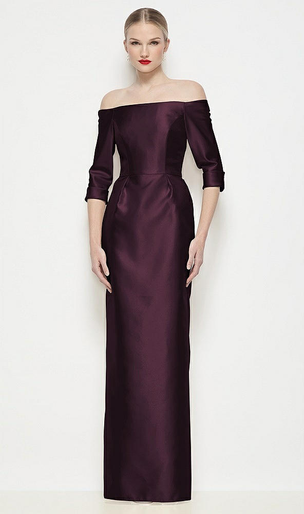 Front View - Deep Plum Off-the-Shoulder 3/4 Sleeve Column Satin Maxi Dress