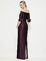 Rear View Thumbnail - Deep Plum Off-the-Shoulder 3/4 Sleeve Column Satin Maxi Dress